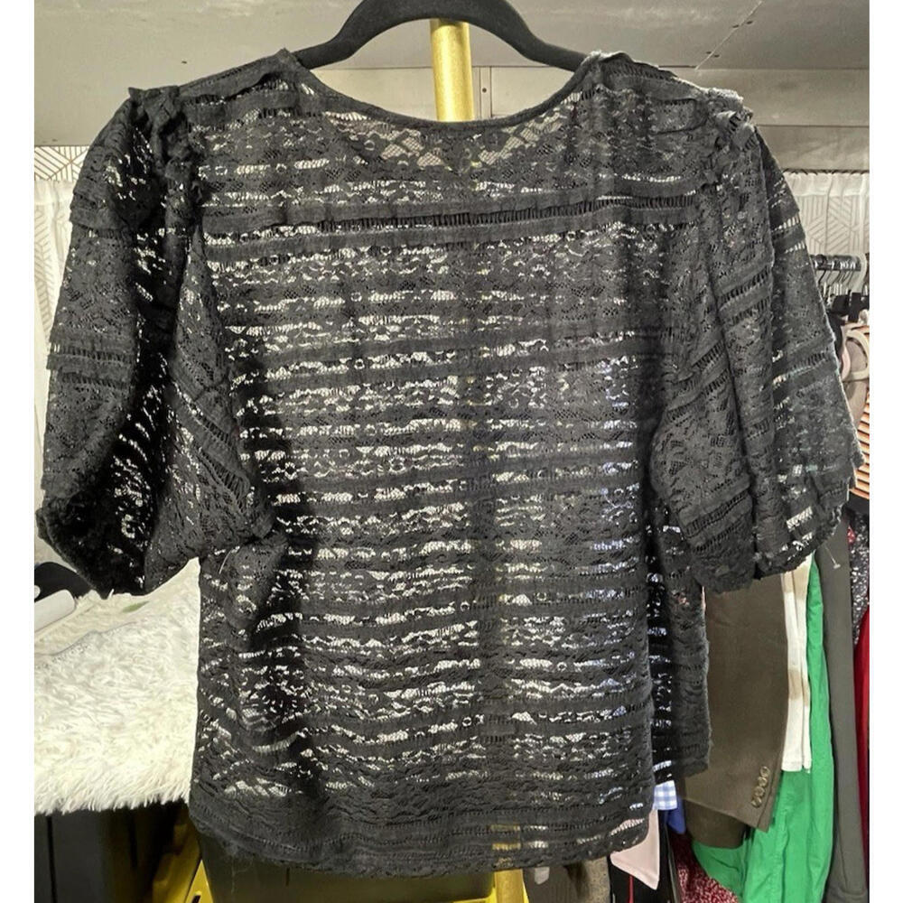 Express Women's Black Sheer Lace Short Sleeve Stretch Top M Dark Romantic Goth